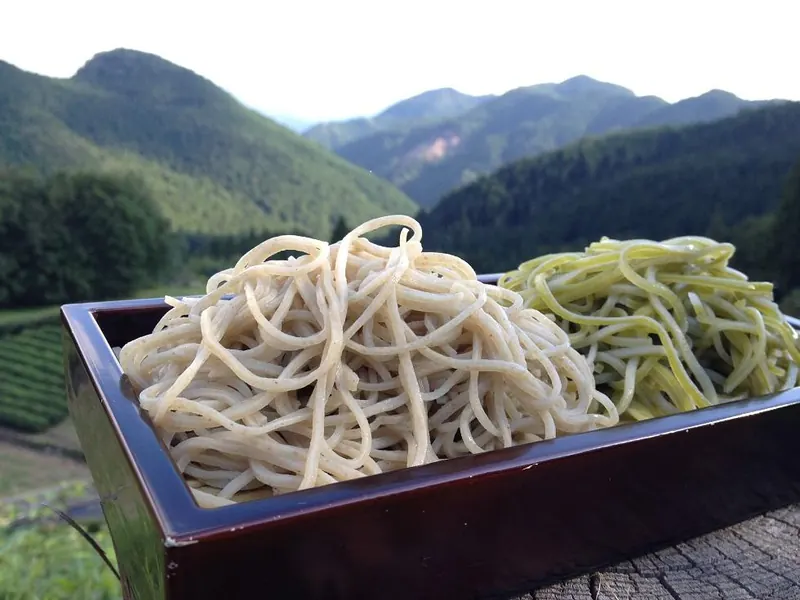 山並みを背にした二色のそば